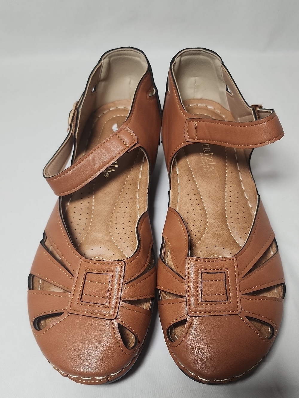 Women’s Tan Mary Jane Comfort Flats with Adjustable Strap